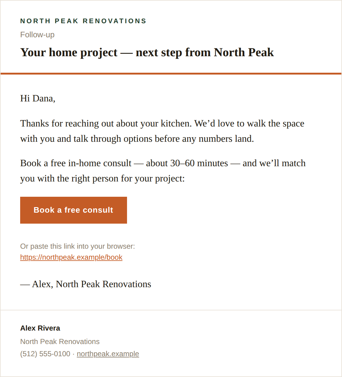 Follow-up email from North Peak Renovations