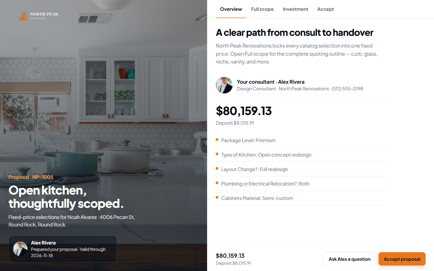 Client proposal overview for Noah Alvarez, North Peak open kitchen, NP-1005